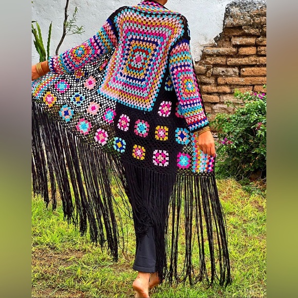 Out Of Office Black Granny Square Fringe Crochet Cardigan - Picture 3 of 8